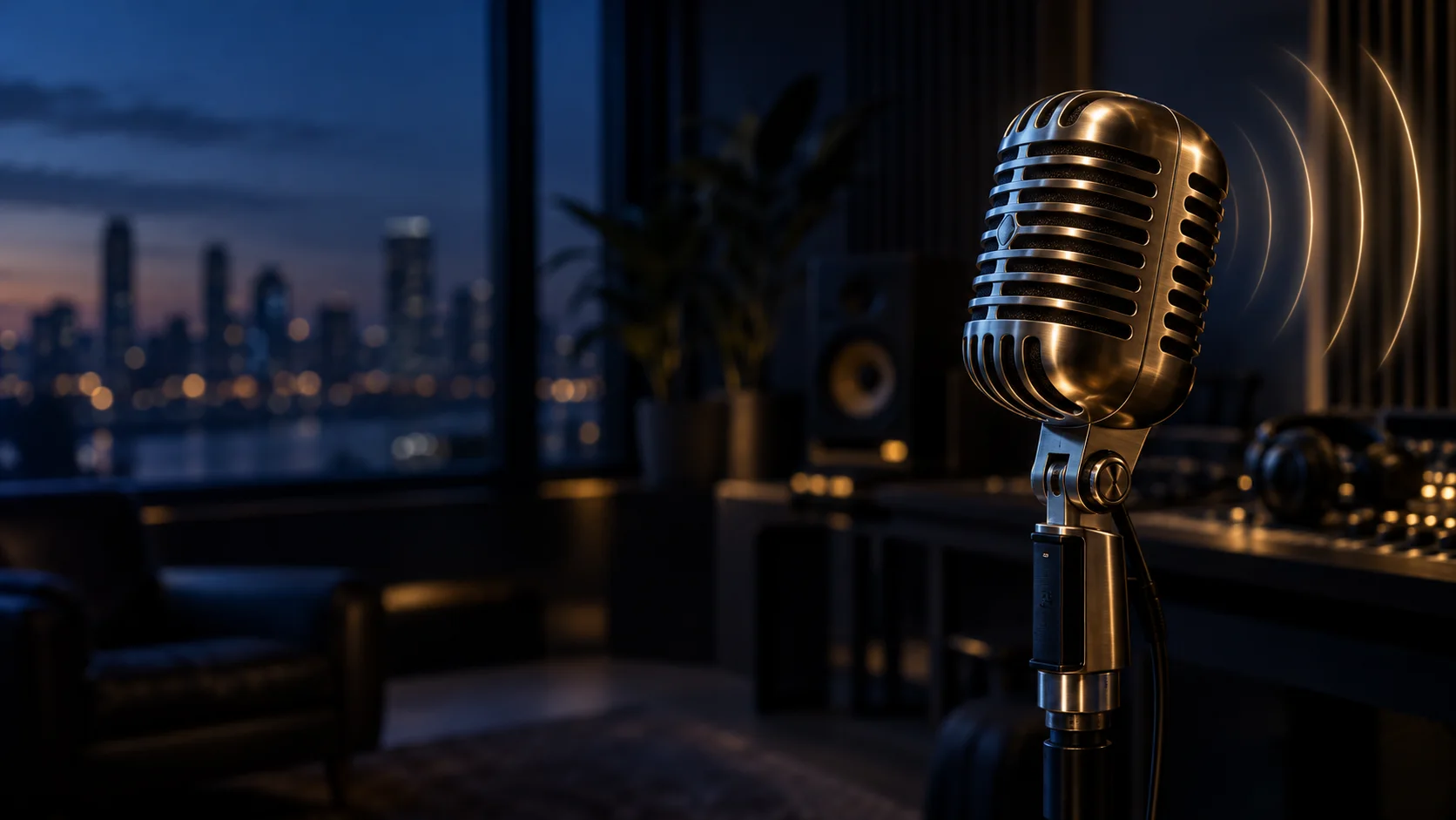 A vintage microphone in a warmly lit recording studio at night